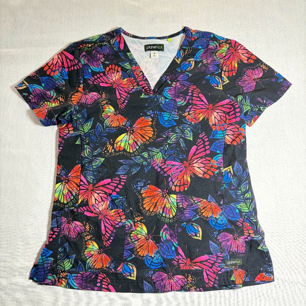 Women's Planet Koi Colorful Butterfly Medium Scrub Top Shirt V Neck Medical
